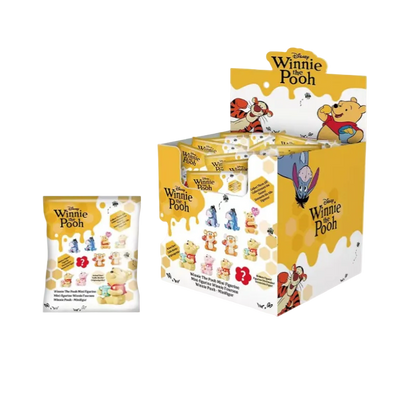 Disney Winnie Pooh blind box display packaging with a small individual mystery pack pouch shown in front on a plain white background.