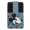 A Disney Mickey Mouse card holder wallet in a light blue denim-like material with black and white Mickey pattern, featuring a large Mickey head patch on the front and a black card slot compartment.