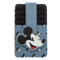 A Disney Mickey Mouse card holder wallet in a light blue denim-like material with black and white Mickey pattern, featuring a large Mickey head patch on the front and a black card slot compartment.