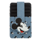 A Disney Mickey Mouse card holder wallet in a light blue denim-like material with black and white Mickey pattern, featuring a large Mickey head patch on the front and a black card slot compartment.