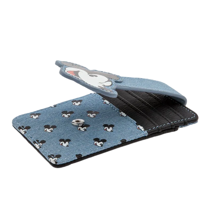 A blue denim cardholder wallet featuring a repeating pattern of Mickey Mouse heads and a cartoon Mickey-shaped clip on the front, shown open against a white background.