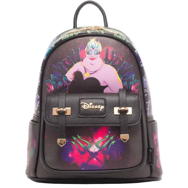 A Disney-themed mini backpack featuring Ursula from The Little Mermaid on the front, with a black pebbled leather front pocket and gold-tone hardware, set against a plain white background.