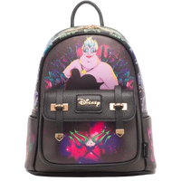 A Disney-themed mini backpack featuring Ursula from The Little Mermaid on the front, with a black pebbled leather front pocket and gold-tone hardware, set against a plain white background.