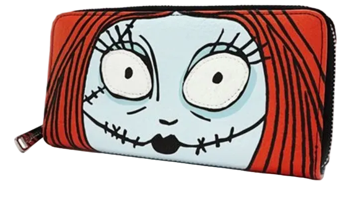 A zip-around wallet featuring a cartoon face with large white eyes, black stitched details, and red hair on a white background.