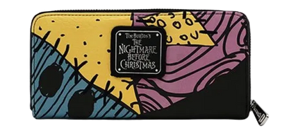 A zip-around wallet featuring a colorful, stylized illustration inspired by Tim Burton's The Nightmare Before Christmas, with a black central patch displaying the movie title.