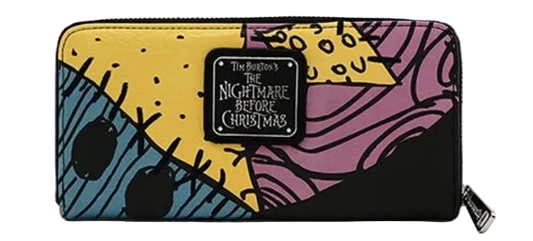 A zip-around wallet featuring a colorful, stylized illustration inspired by Tim Burton's The Nightmare Before Christmas, with a black central patch displaying the movie title.