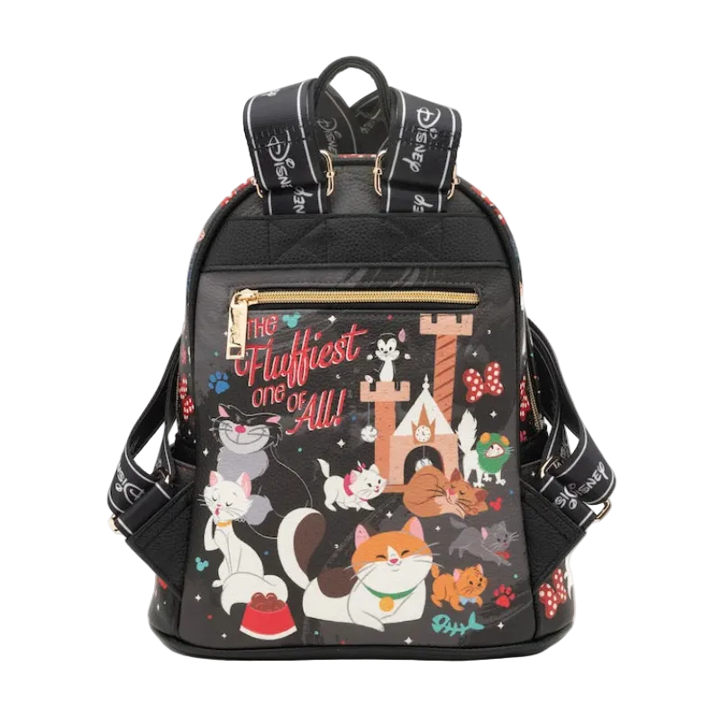 Backpack with cat-themed design and text on a white background