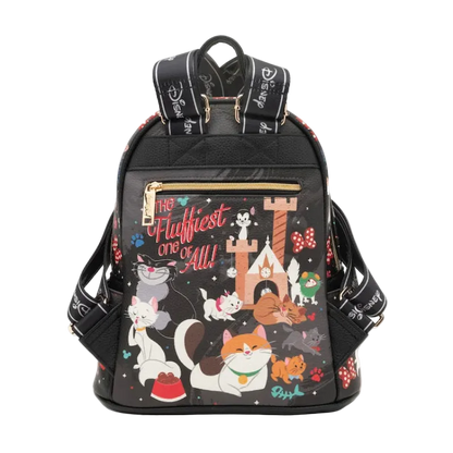 Backpack with cat-themed design and text on a white background