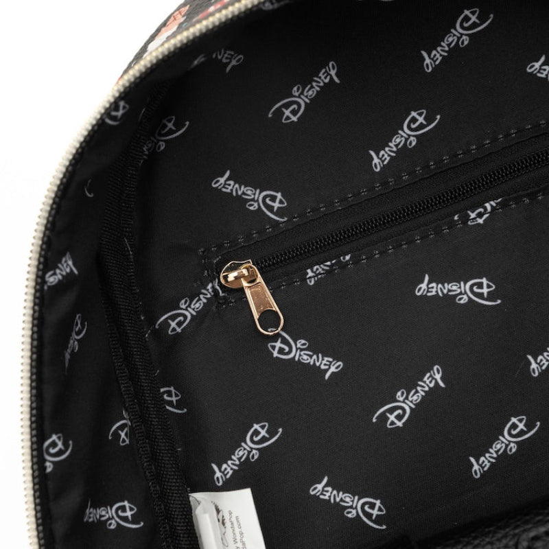 Close-up of a black backpack with Disney logo pattern on a white background