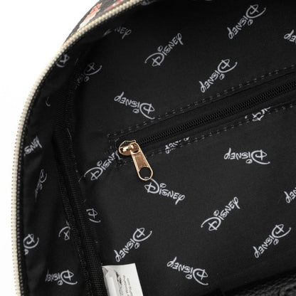 Close-up of a black backpack with Disney logo pattern on a white background