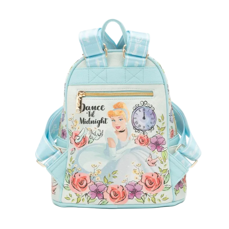 Backpack with Cinderella design and floral elements on a white background