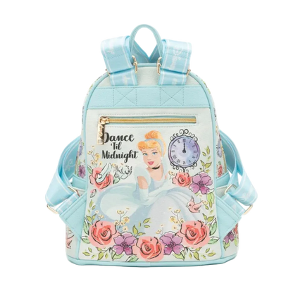 Backpack with Cinderella design and floral elements on a white background