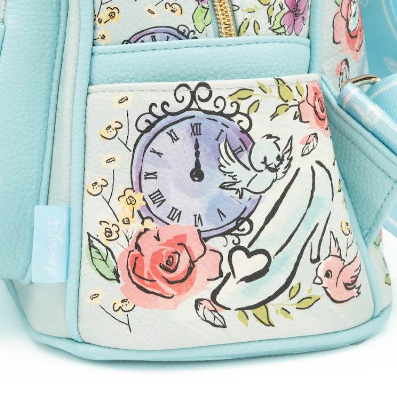 Backpack with floral and clock design on a light blue background