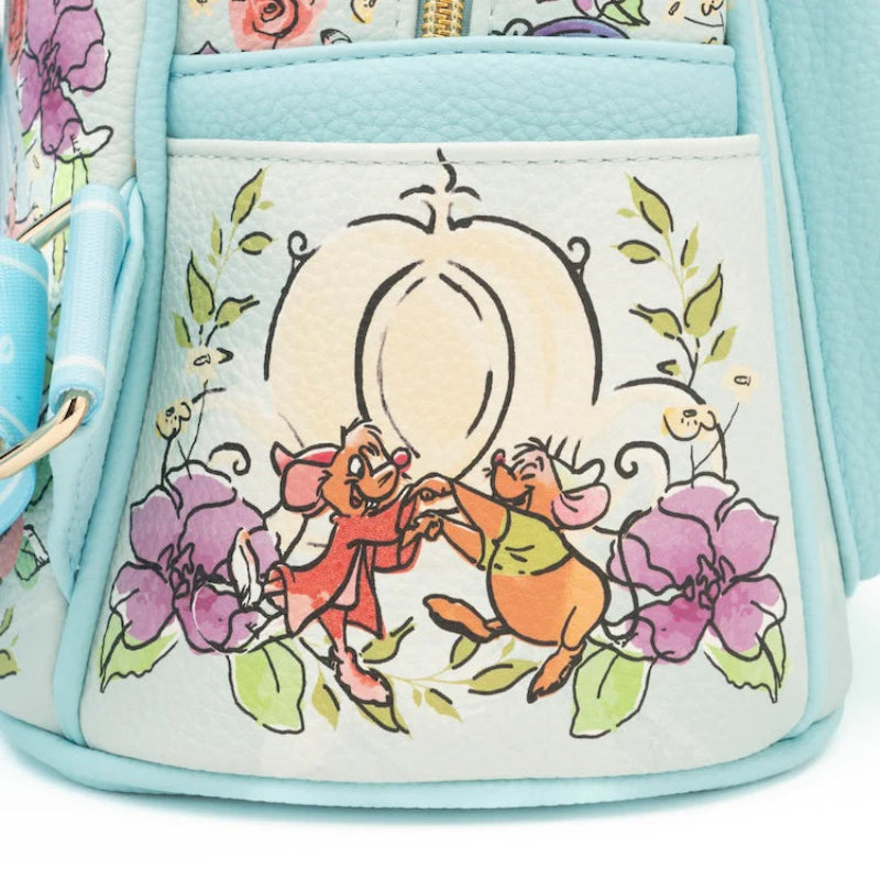Small bag with cartoon characters and floral design on a light blue background