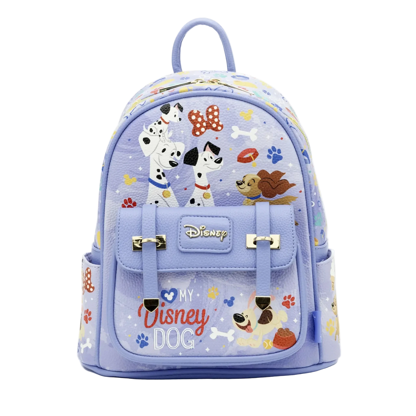 Light blue backpack with Disney dog-themed design on a white background
