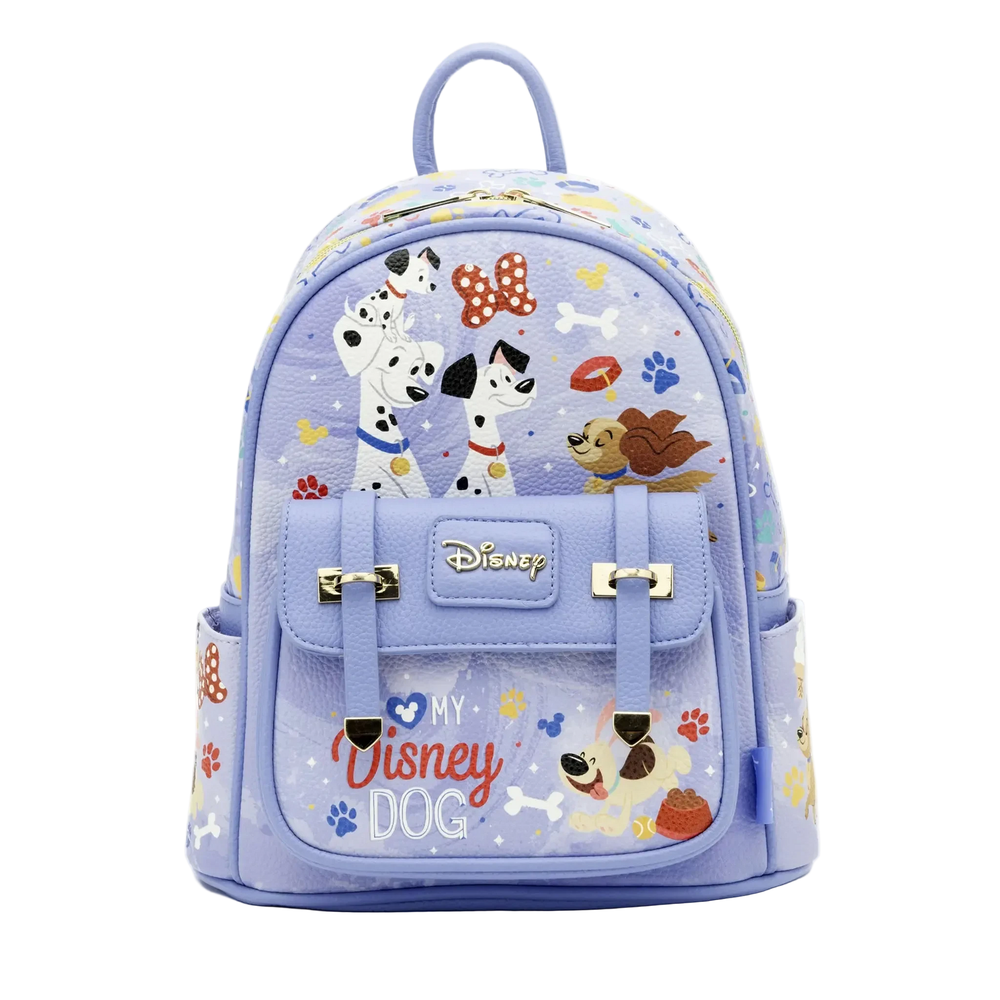 Light blue backpack with Disney dog-themed design on a white background