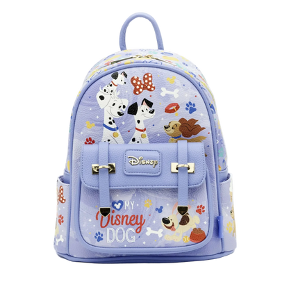 Light blue backpack with Disney dog-themed design on a white background