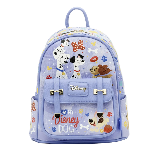 Light blue backpack with Disney dog-themed design on a white background