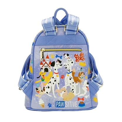 Backpack with cartoon dog characters and 'Stay Paw-sitive' text on a light blue background