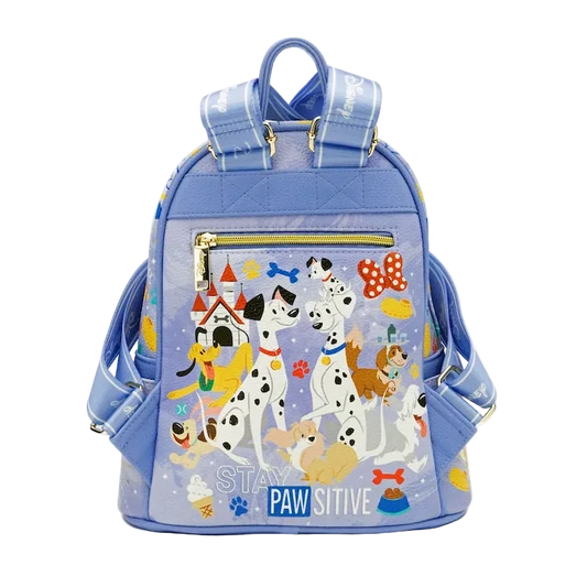 Backpack with cartoon dog characters and 'Stay Paw-sitive' text on a light blue background