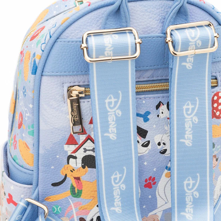 Blue backpack with Disney character print and straps featuring the Disney logo.