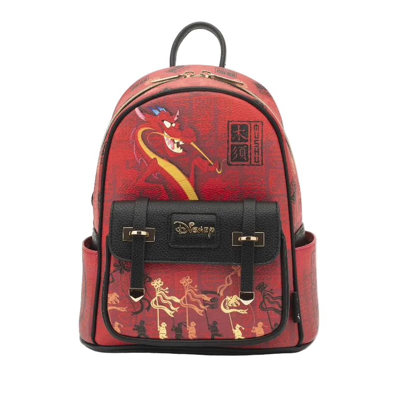 Red backpack with Disney design on a white background