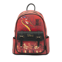 Red backpack with Disney design on a white background