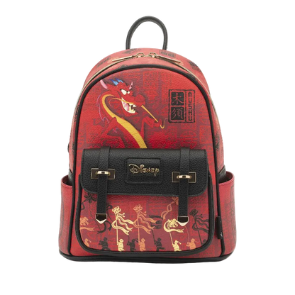 Red backpack with Disney design on a white background