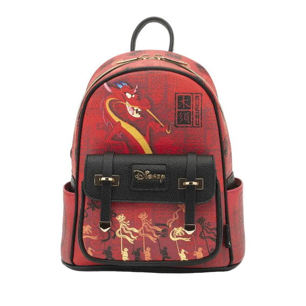 Red backpack with Disney design on a white background
