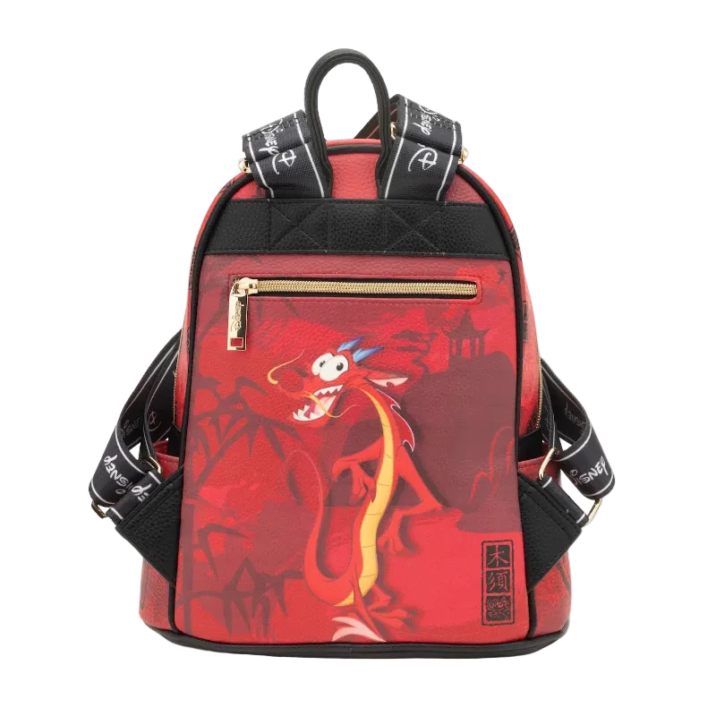 Red and black backpack with cartoon character design on a white background