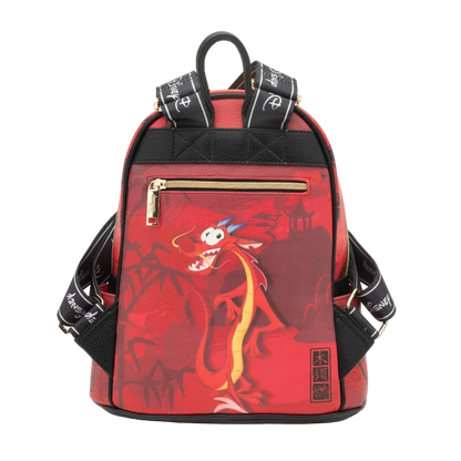 Red and black backpack with cartoon character design on a white background