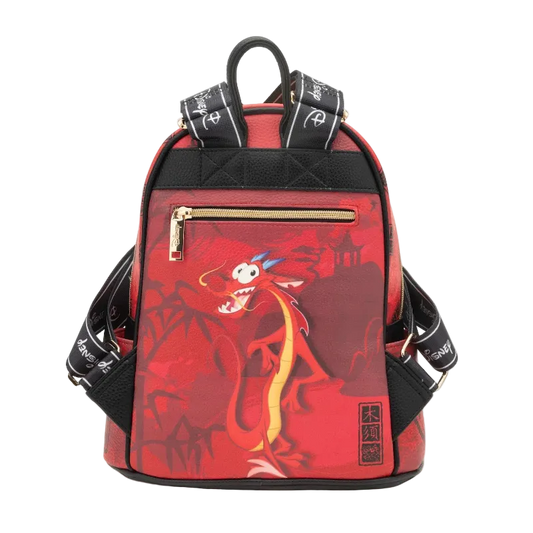 Red and black backpack with cartoon character design on a white background