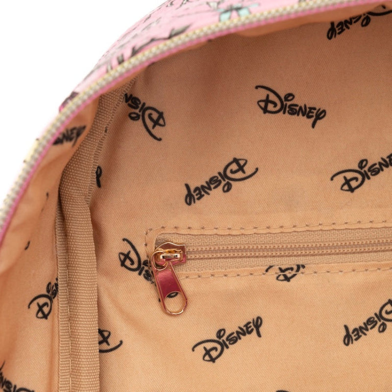 Close-up of a Disney backpack interior showing a beige canvas lining with an allover black Disney logo print, a pink zipper trim, and a rose gold zipper pull.