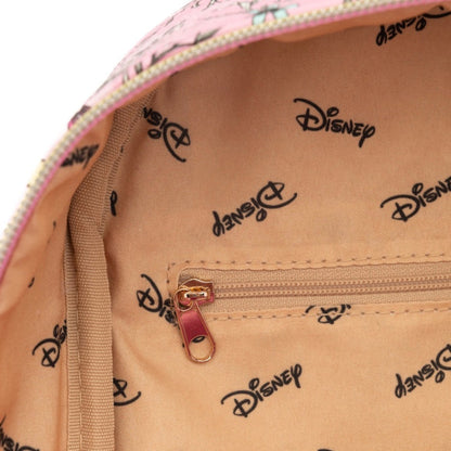 Close-up of a Disney backpack interior showing a beige canvas lining with an allover black Disney logo print, a pink zipper trim, and a rose gold zipper pull.