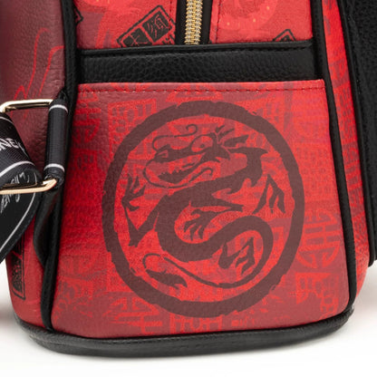 Red bag with black dragon design and gold accents on a white background