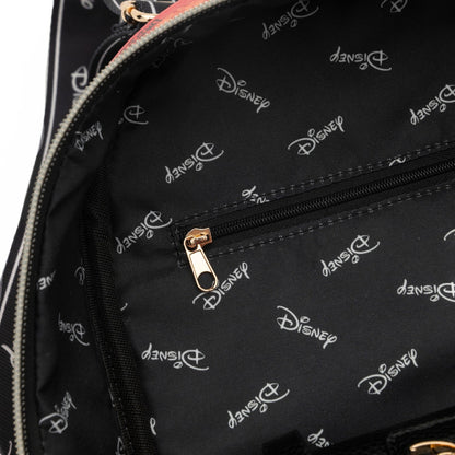 Black backpack with Disney logo pattern on a white background