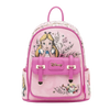 A pink Disney-themed mini backpack featuring Alice in Wonderland artwork, including Alice and the Cheshire Cat, with a prominent pink front pocket and a gold-tone Disney logo.