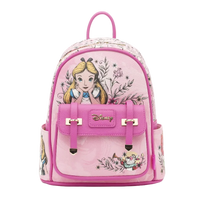 A pink Disney-themed mini backpack featuring Alice in Wonderland artwork, including Alice and the Cheshire Cat, with a prominent pink front pocket and a gold-tone Disney logo.