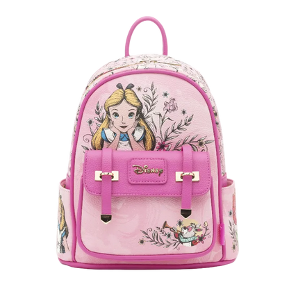 A pink Disney-themed mini backpack featuring Alice in Wonderland artwork, including Alice and the Cheshire Cat, with a prominent pink front pocket and a gold-tone Disney logo.
