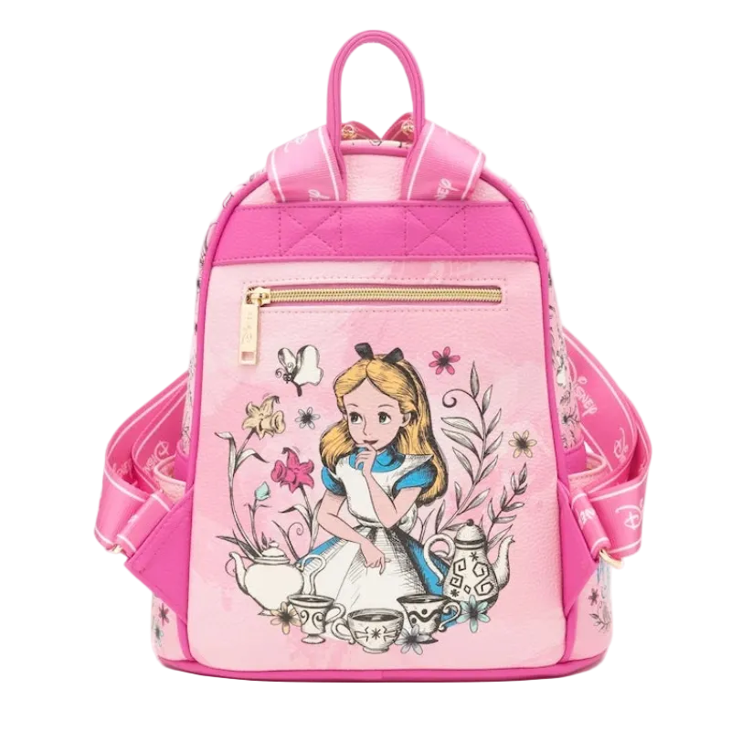 A pink Disney-themed backpack featuring Alice in Wonderland, with a quilted top, gold zipper, and floral tea-time illustration on the front, shown against a plain white background.