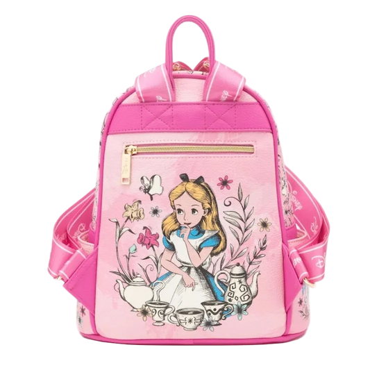 A pink Disney-themed backpack featuring Alice in Wonderland, with a quilted top, gold zipper, and floral tea-time illustration on the front, shown against a plain white background.