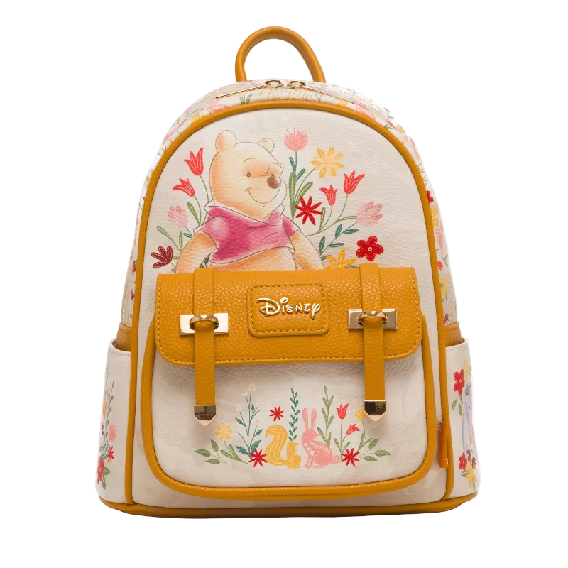 Backpack with cartoon character and floral design on a white background