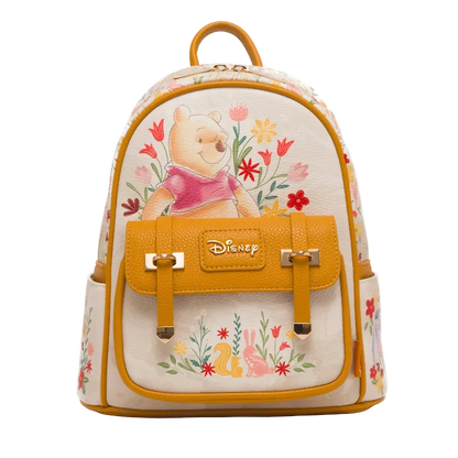 Backpack with cartoon character and floral design on a white background
