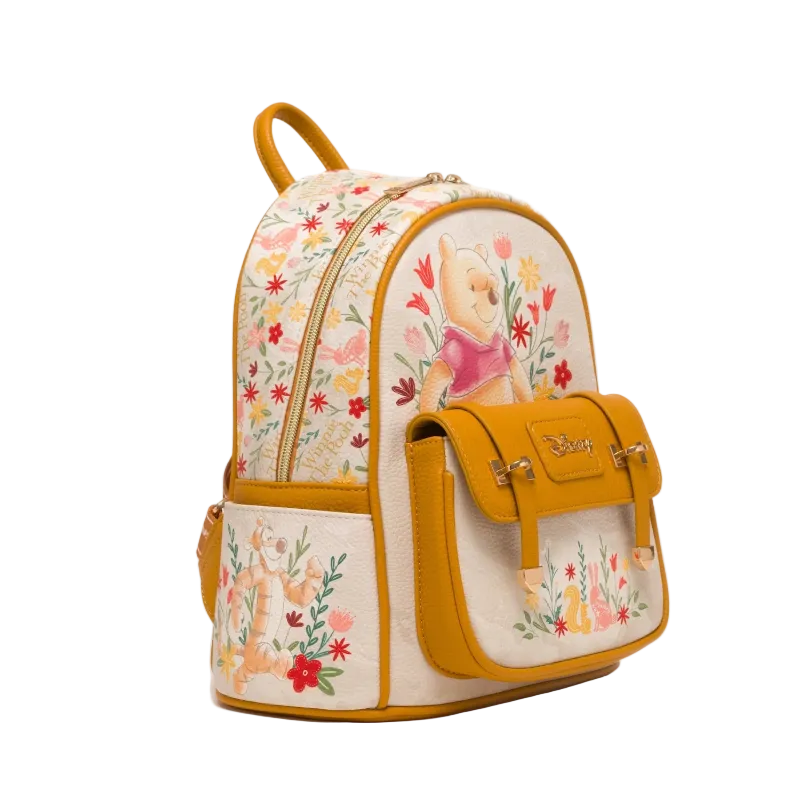 Backpack with floral design and bear illustration on a white background