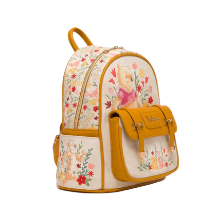 Backpack with floral design and bear illustration on a white background