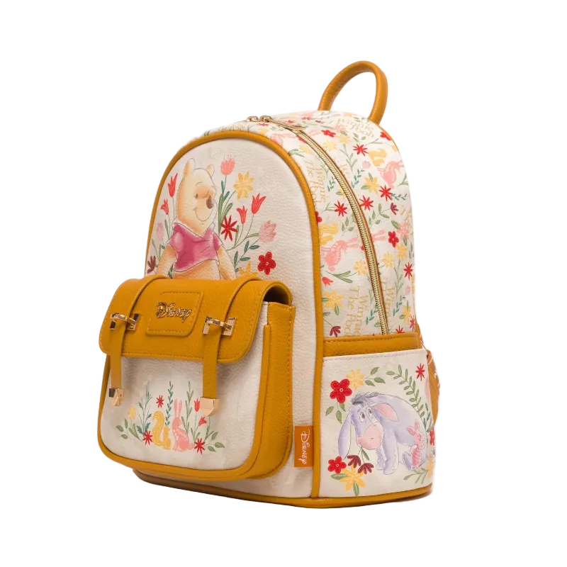 Backpack with floral design and character illustrations on a white background