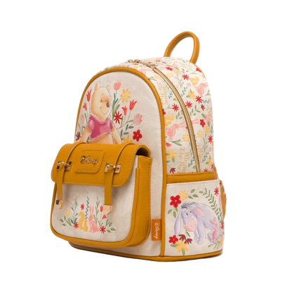 Backpack with floral design and character illustrations on a white background