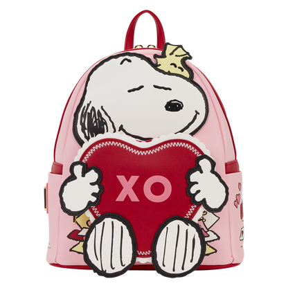 Peanuts Snoopy Valentine’s Day mini backpack by Loungefly featuring Snoopy hugging a heart with Woodstock