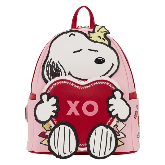 Peanuts Snoopy Valentine’s Day mini backpack by Loungefly featuring Snoopy hugging a heart with Woodstock