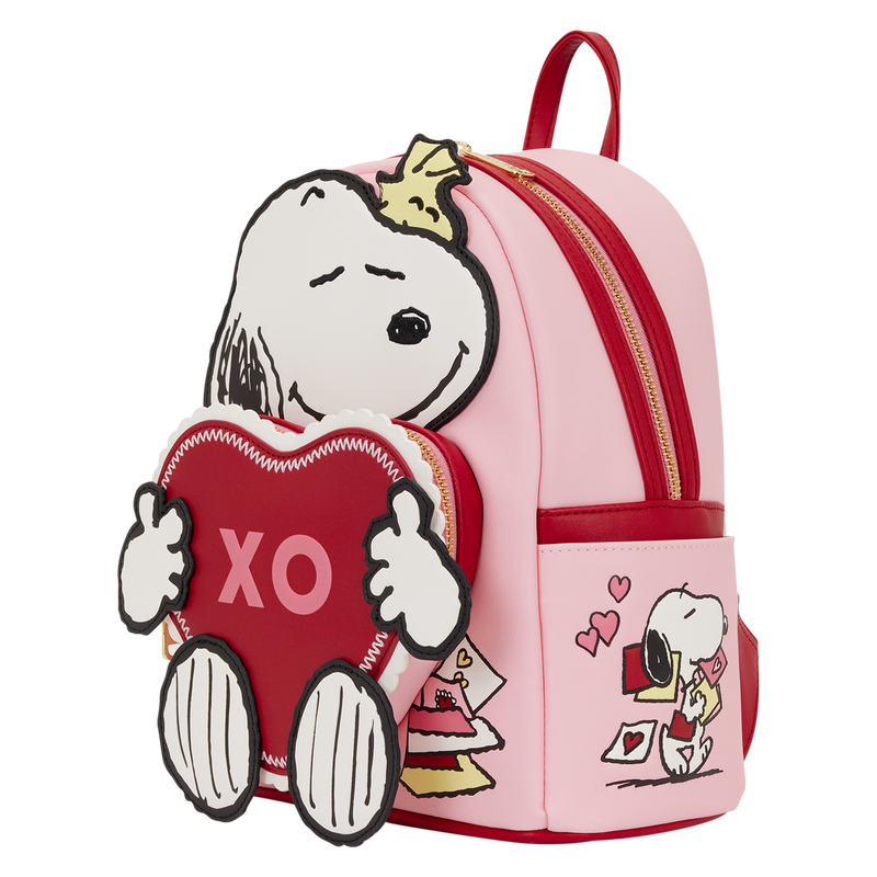 Pink backpack with cartoon character holding a heart and a crown, on a white background